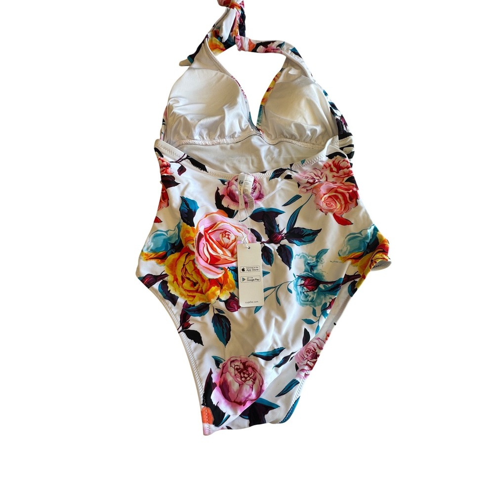 Cupshe Womens Floral and Striped Halter One Piece Swimsuit White Black Large NEW - Picture 3 of 4